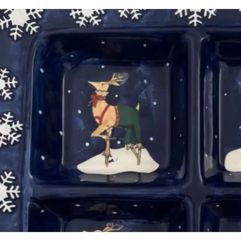 CIC Rebecca Ruegger Christmas Reindeer 4-part square divided platter